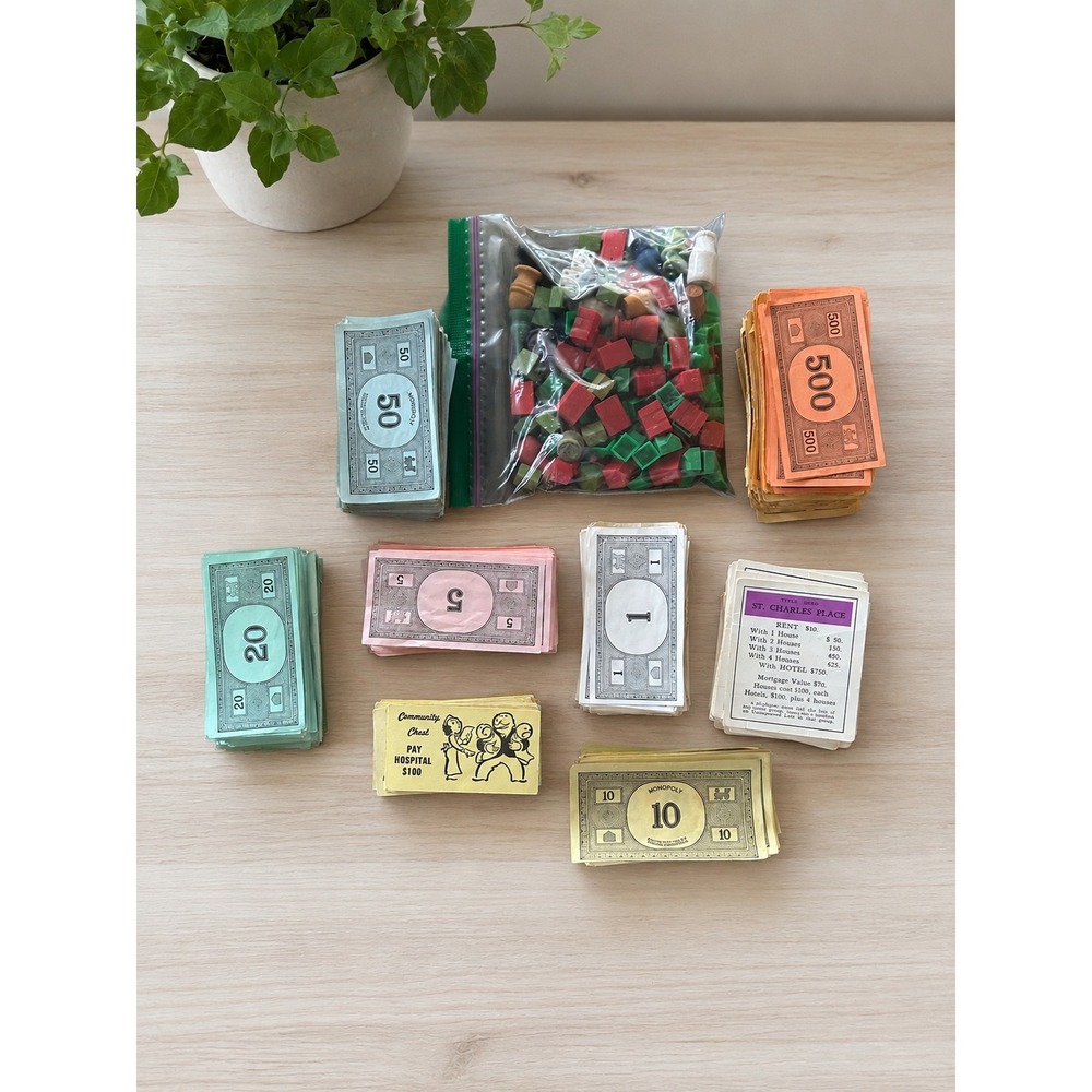 Vintage Monopoly Replacement Parts Lot Money Cards Houses Hotels Tokens Mixed